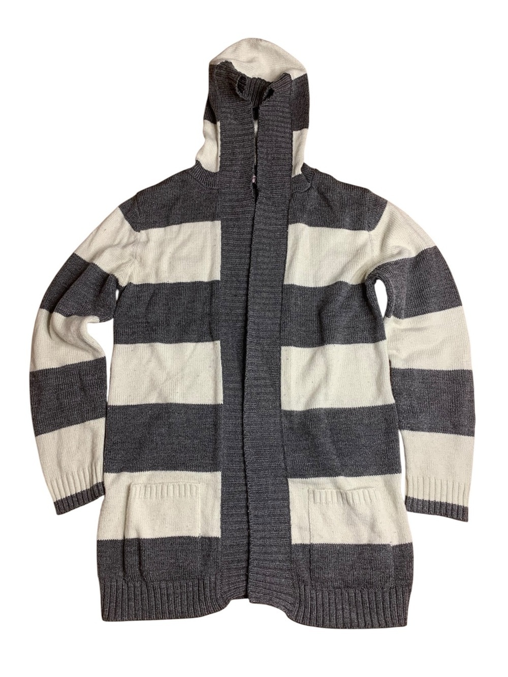 Pretty Talk Grey and White Striped Hooded Cardigan Sweater - Large